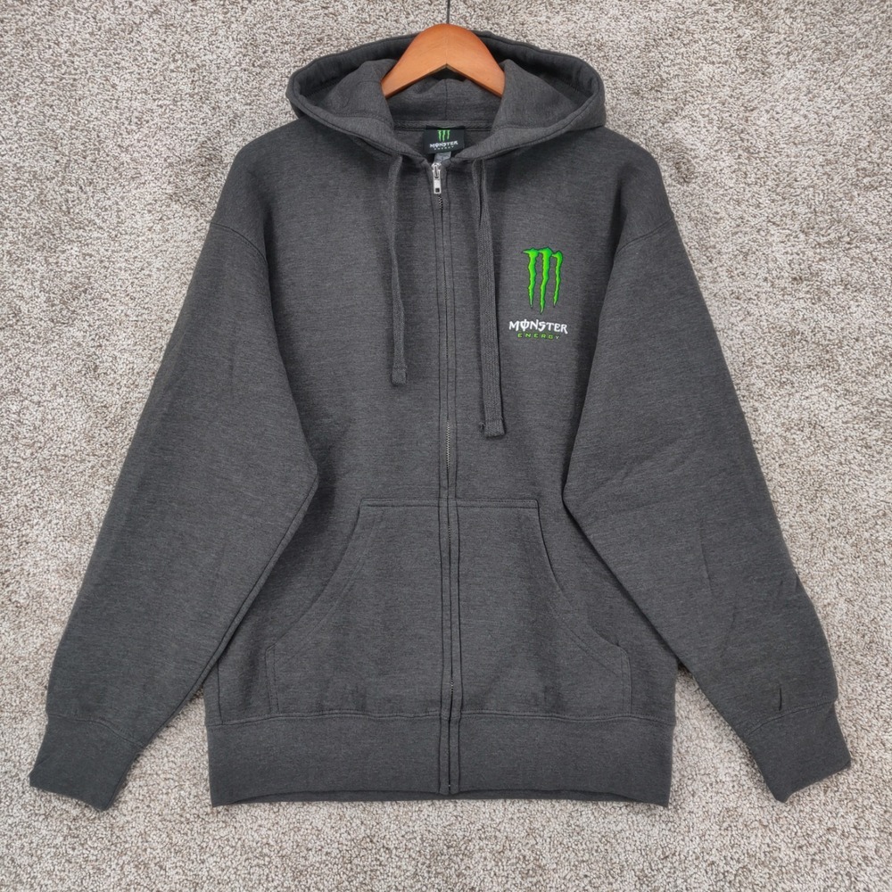 Monster Energy Hoodie Men's Large Gray Full Zip Graphic Sweatshirt Y2K